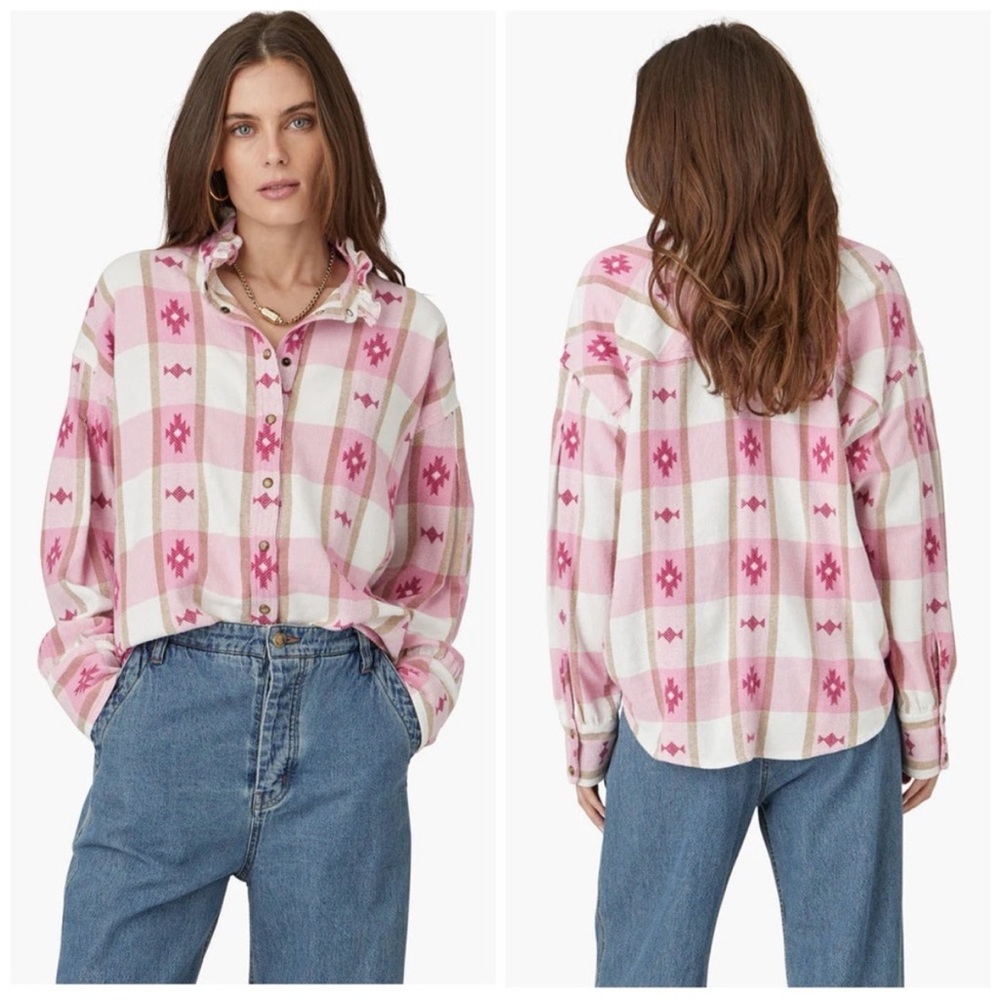 Xirena Jensen Cotton Flannel Snap Front Shirt in Pink/Ivory - NEW - Size Large